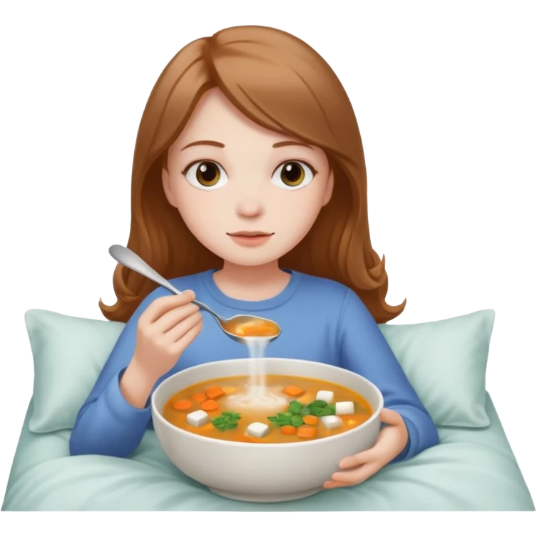 tazita de sopa, pastillas al lado y una chica en una cama emoji