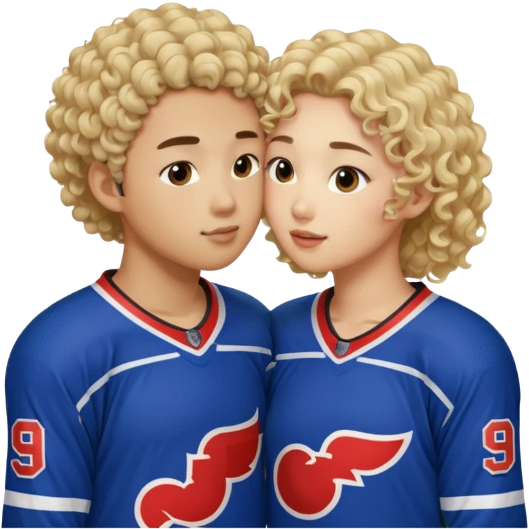 Asian hickey player kissing curly hair blonde hockey player emoji