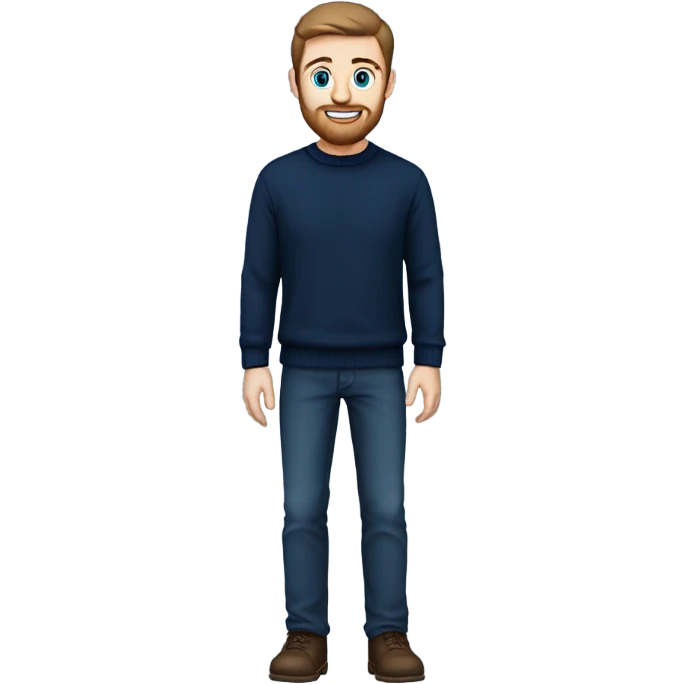 irish man blue eyes, brown short hair and short beard, wearing a smart navy blue jumper. full body. emoji
