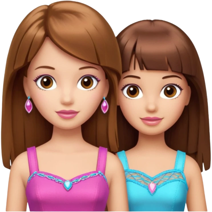 2 girls best friends one is barbie merliah summers and the other is a girl with brown hair and brown fringe and light brown eyes  emoji