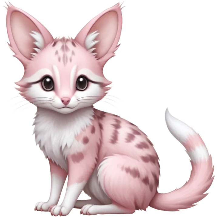 Pastel Pink, white-pointed, soft natural realistic romantic vintage antique divine beautiful elegant pretty precious cute young youthful  Fakémon-Pokémon-opossum-feline-mouse-serval-caracal-chinchilla-Minccino-Cinccino-Meowstic-rodent-hybrid-creature with a big fluffy bushy tail (full body) emoji