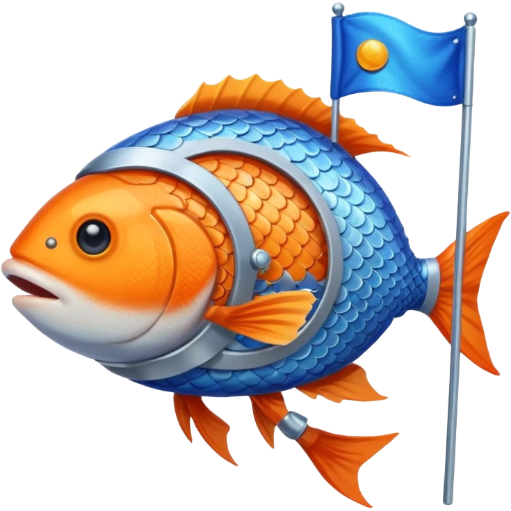 a fish in space suit, holding blue rectangle flag emoji