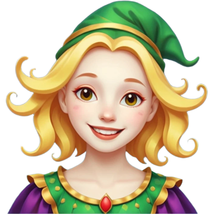 genra imagen de una chica eterea( casi irreal )con cara de sol, sonriendote, bufon, flotando en el espacio emoji