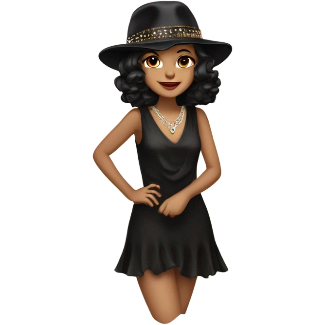 Wavy dark hair to shoulder  Flapper feminine brown eyes black hat jeweled flapper style  hat earrings wavy dark hair smirk emoji