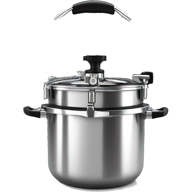 Stainless steel pressure pot, with black gights, lid with 3 clamps on the cover,  on the knob emoji