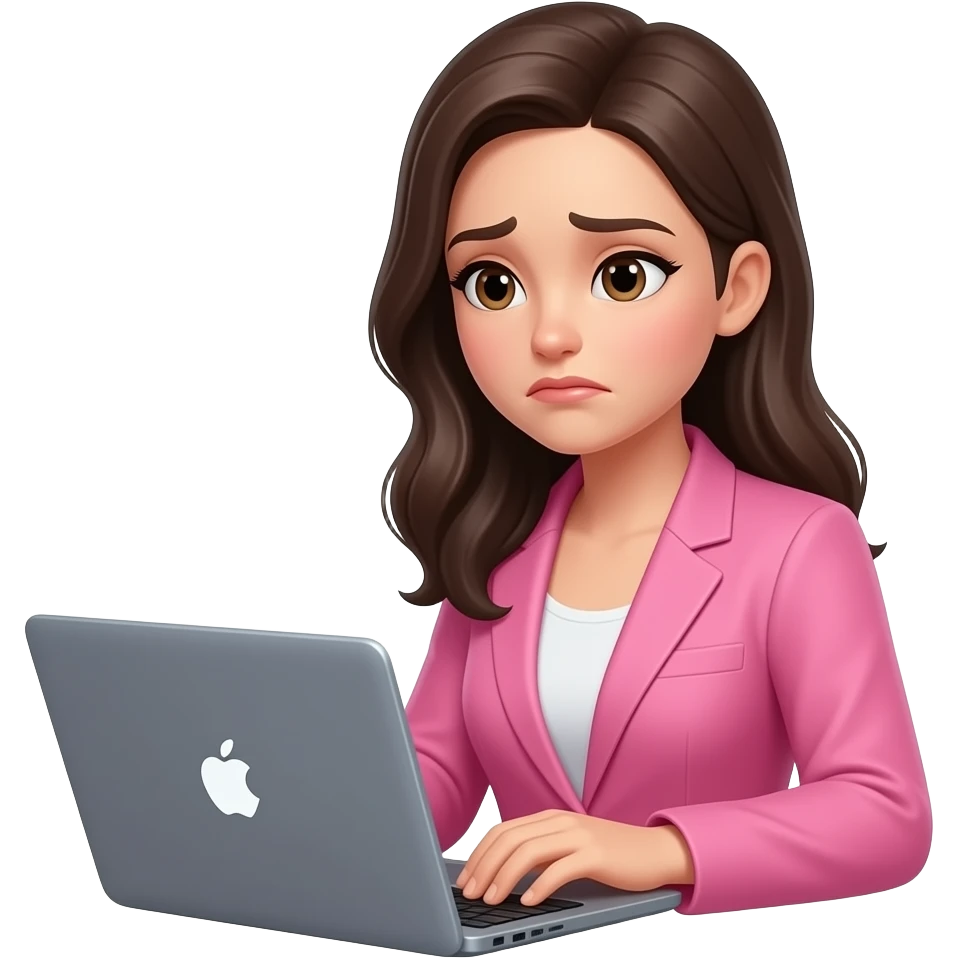 brunette woman wearing pink blazer working on laptop making a sad face emoji
