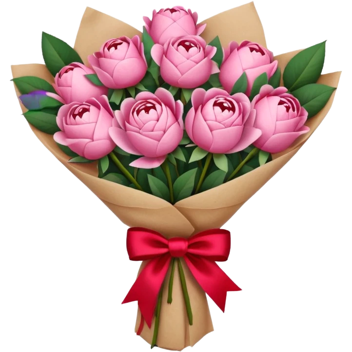 Bouquet of pink flower like rose and peony wrapped in kraft paper with red bow emoji