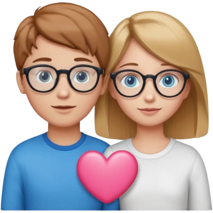 two young lovers, a pink heart in the middle, boy with chestnut hair and glasses, girl blonde with blue eyes without glasses, emoji style emoji