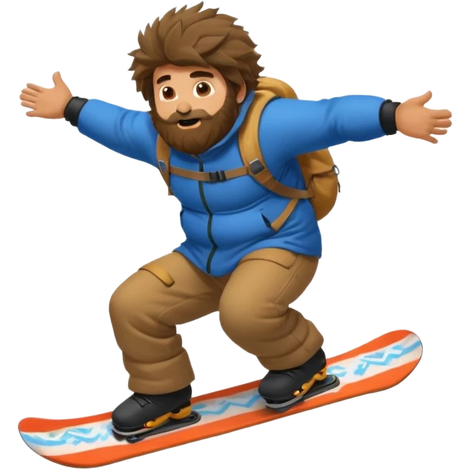 big round super harry guy snowbording down mountain haryyer more hair on his bcak and face emoji