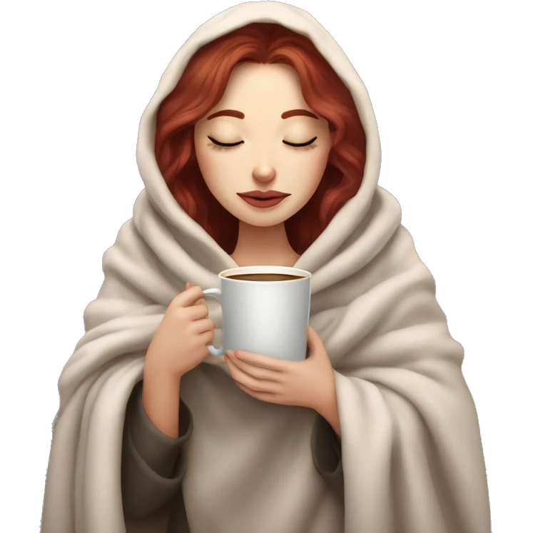 pale burgundy haired girl inside a blanket sipping coffee eyes closed emoji