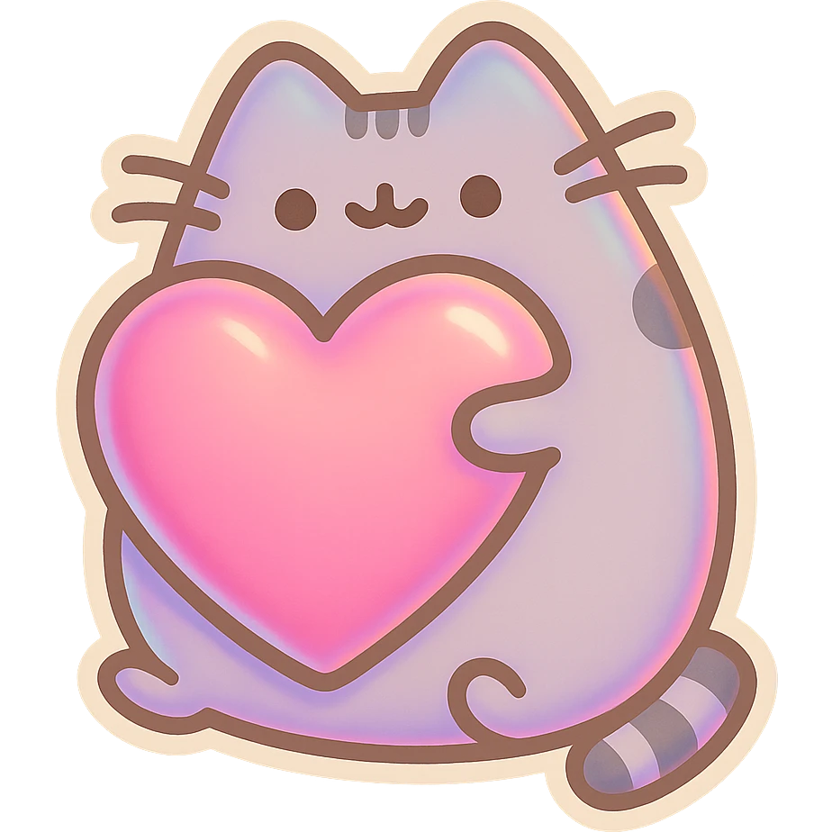 Pusheen hugging a big heart, pastel colors, adorable, retro stickers style emoji