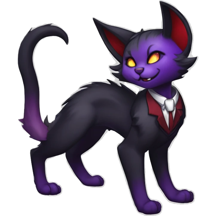 Anthro-Cute-Edgy-Vampiric-Batty-Cat-Black-Purple-Red-Grey-White-Yellow-Contrast-Colors-Fantasy-Fur-Sona-Chibi-Shiny-Fakémon-Hybrid with horns and big fangs, neck tie, leg spats full body emoji