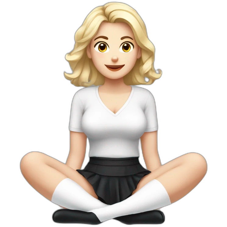 Front view full body curvy caucasian beauty sitting straight hands up black skirt white knickers white socks emoji