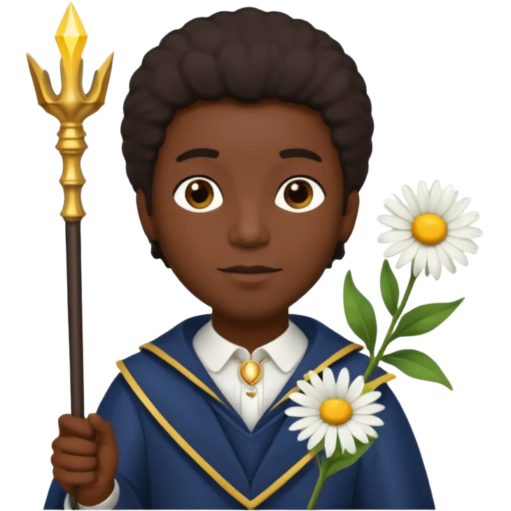 black man with daisy, scepter emoji