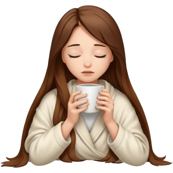 girl inside a offwhite blanket holding a coffee mug eyes closed, looking sad emoji