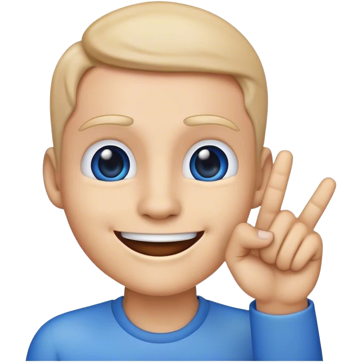 blue emoji smiling while finger pointing at jawline emoji