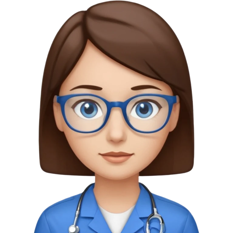 Blue eyes very short brown hair with glasses woman in care assistant blue uniform emoji