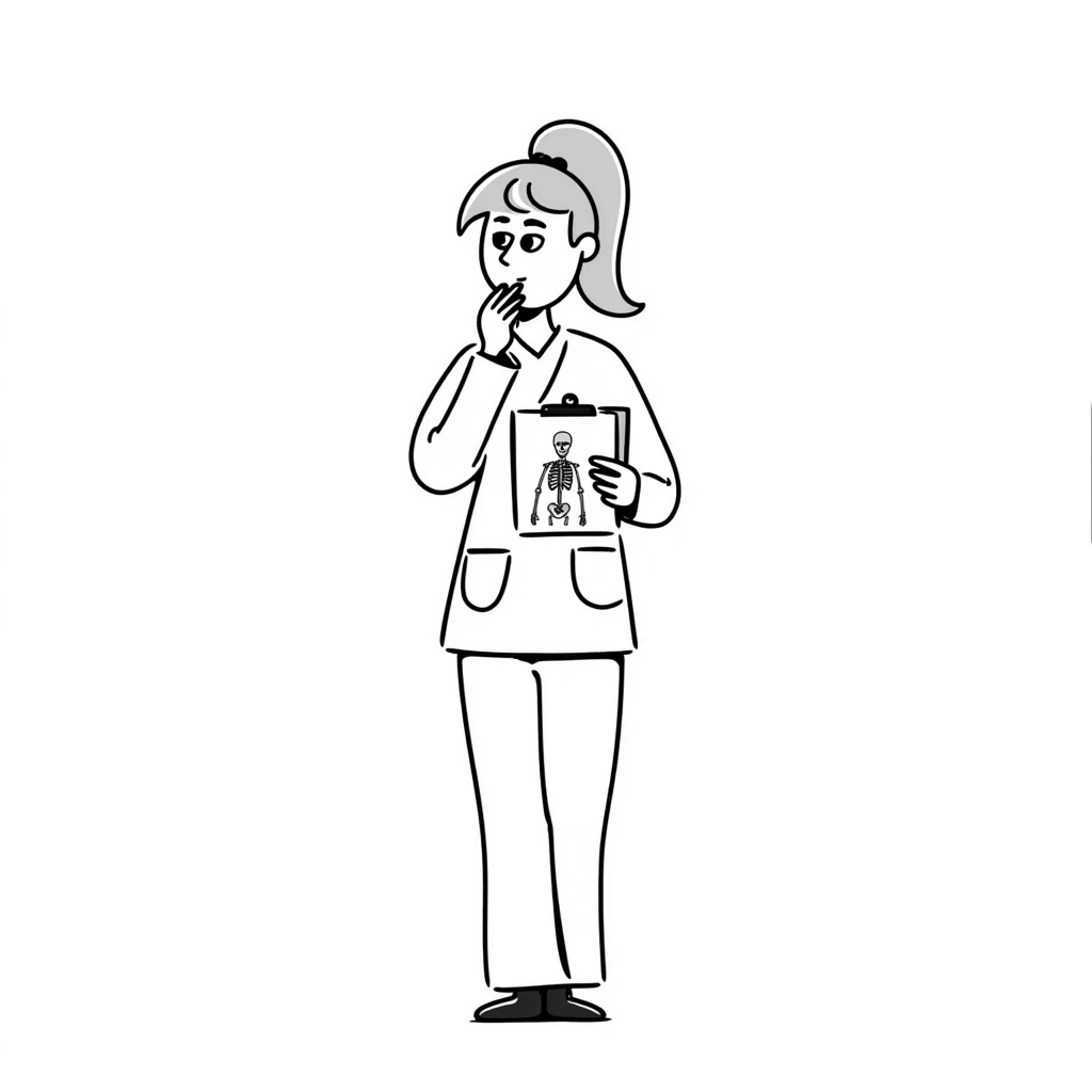 blonde female physical therapist with ponytail, thoughtful expression, wearing scrubs emoji