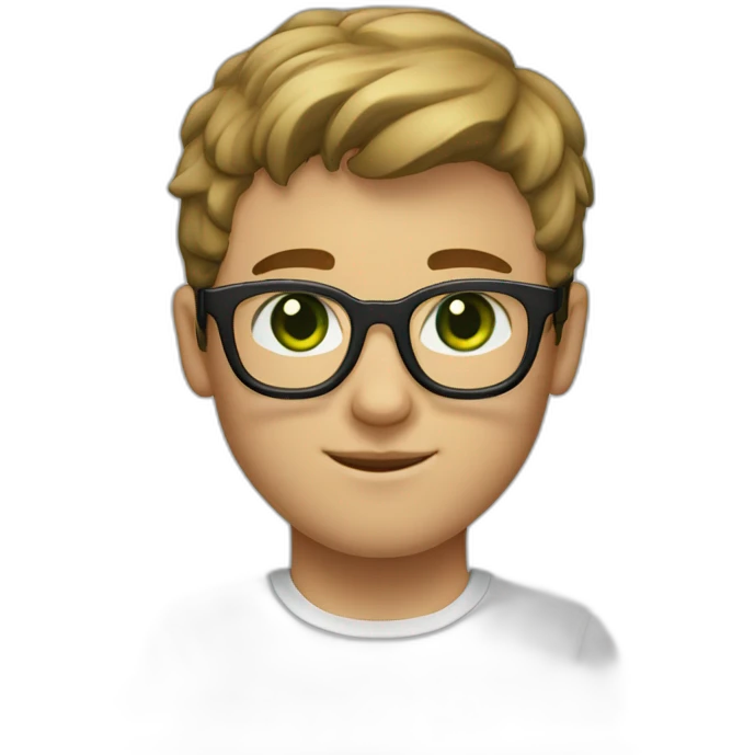 a boy with light brown hair, short on the sides and a little longer on top, round black glasses, a short beard. green eyes and hump on the nose. emoji