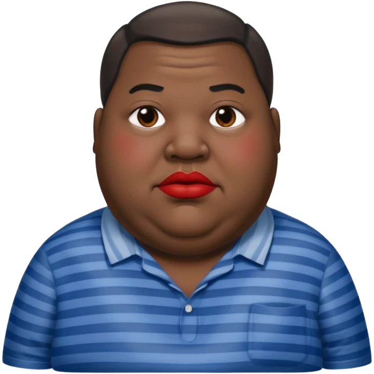 an extremely obese man with extremely dark skin and giant red lips wearing a blue-and-gray shirt emoji