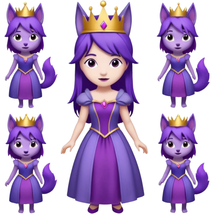  a cute princess wearing a purple dress and crown with purple hair and purple wolf ears and purple wolf tail character. Each square shows the character doing different actions against a white background And make a gap between each illusion emoji