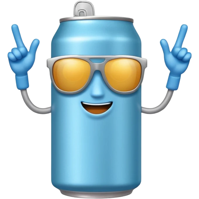 A soda can with a light blue color, with legs, arms, and a face. It can be seen wearing sunglasses emoji
