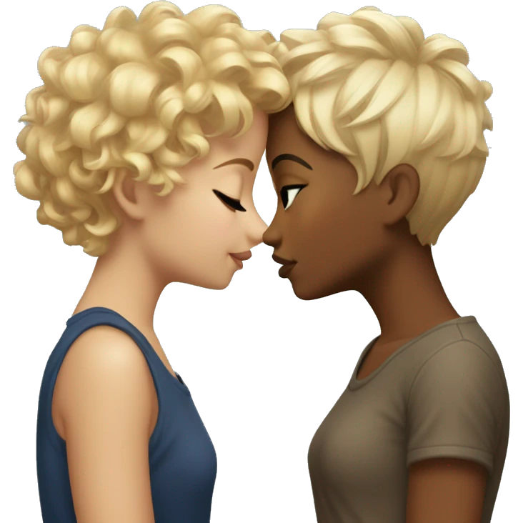 Tow girls kissing one of them have a blonde Curly hair and her skin is brown and the other is also brown skin with a pixie cut  emoji