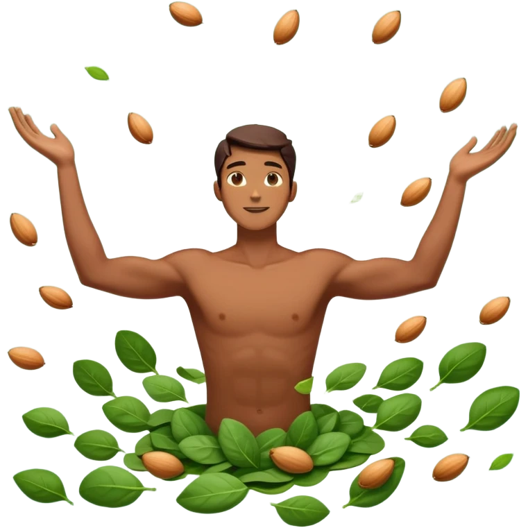 Man floating relaxed in the air with arms spread out, appearing weightless and serene, surrounded by floating pieces of dark chocolate, golden almonds, and green spinach leaves circling around him. The foods emit a subtle glow as they orbit the peaceful floating man. emoji