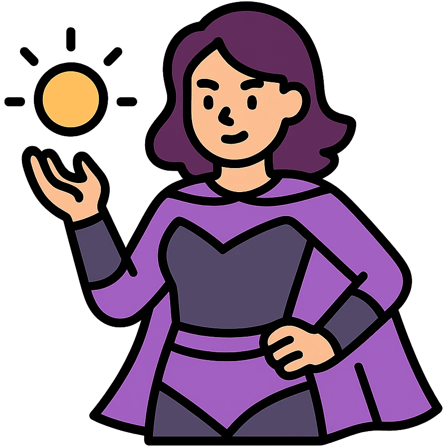 female superhero in a soft purple and black suit, glowing magical energy in her hand emoji