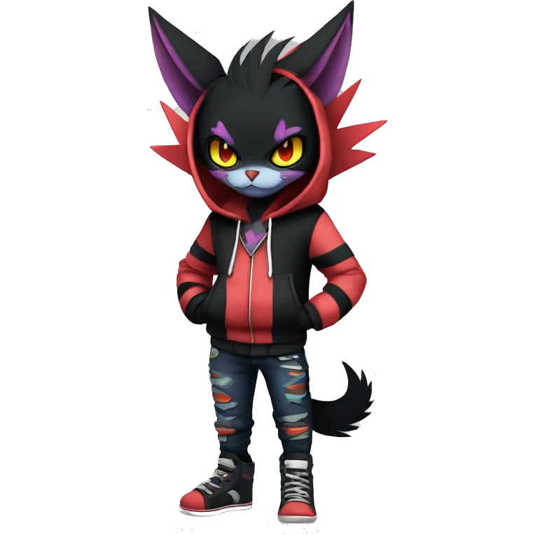 Cool Anthro Black Noibat-Quilava-Litten-Pokémon with edgy stripes hoodie spiked collar punk Full Body emoji