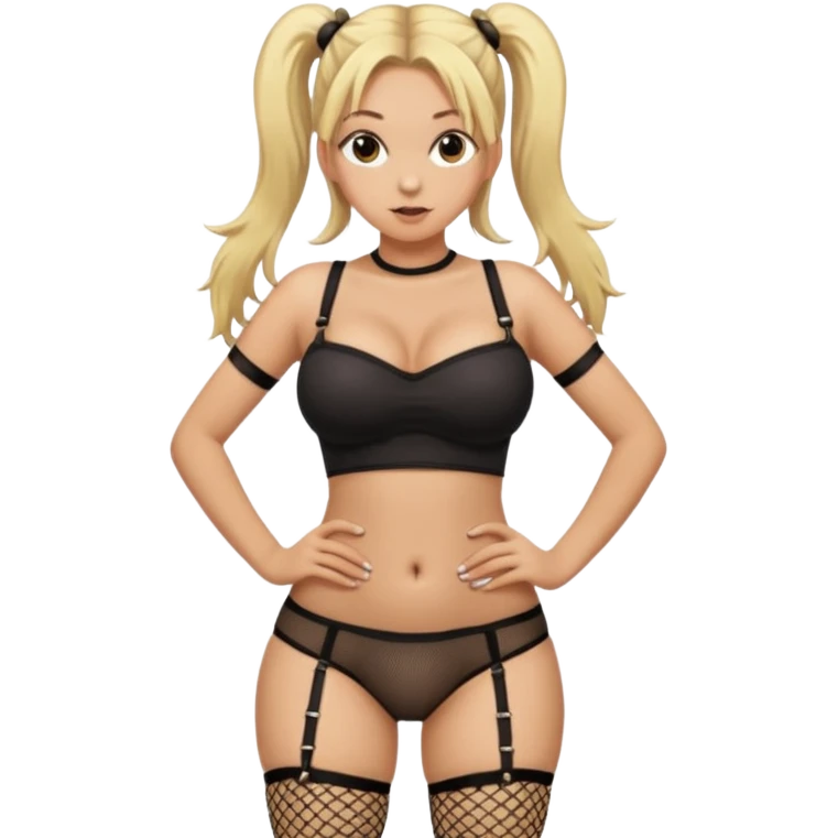 Her hair is in pigtails and she is completely  naked except for thigh-high fishnet stockings.  Her hands are on her hips and her boobs are big and not covered.  She is not wearing any clothing or panties.  Her bush is trimmed emoji