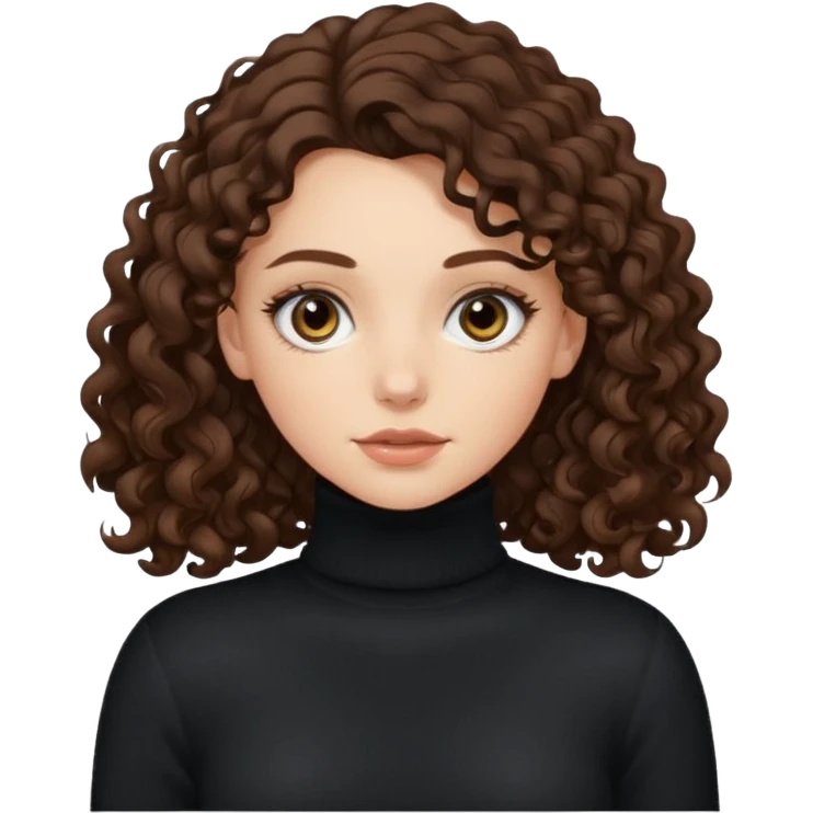 aesthetic white girl with dark brown long  long curly hair and black eyes  , black turtle neck sweater top emoji