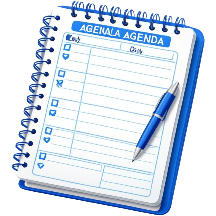 An open daily planner showing agenda items with checkboxes for a meeting emoji
