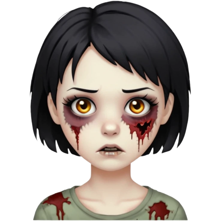 Zombie girl with messy black short hair with lashes and torn cheek and calm face emoji