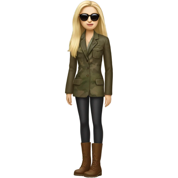 Realistic White woman with Long straight blonde hair and round sunglasses, camouflage Wool oversize blazer, bare legs and Brown leather boots  emoji