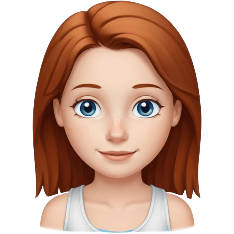 Una chica de tez blanca con pecas, nariz respingada, labios gruesos, ojos grandes color azul grisáceo, pelo largo, lacio, color castaño. Con una blusa de tirantes blanca. Que este sonriendo y q solo se vea de la cintura hacía arriba emoji