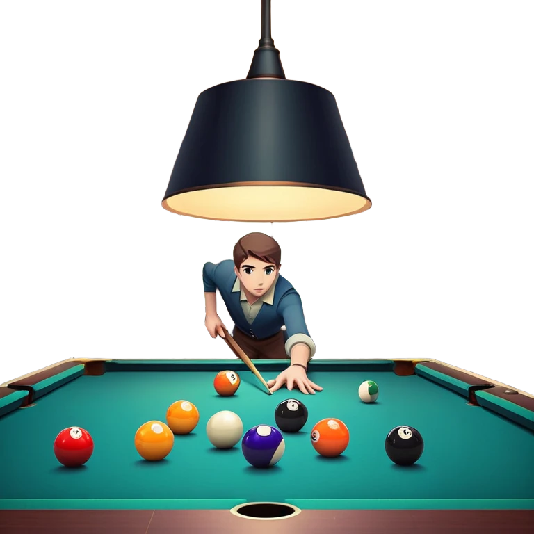 A well-arranged pool table with colorful billiard balls neatly placed, and a cue stick poised to take a shot. The setting is a dimly lit room with a focused atmosphere, highlighting the precision and strategy involved in the game of billiards. emoji