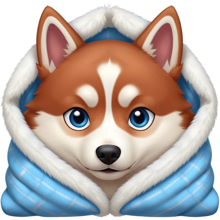 cute, disney-style, red siberian husky with blue eyes cozy in a blanket emoji
