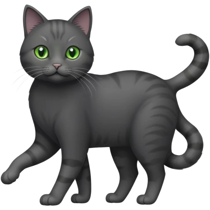 full body solid dark grey cat with green eyes, white paws and white whiskers walking emoji
