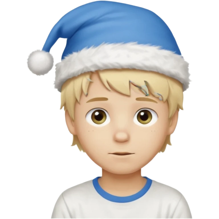 create boy blonde hair long messy, light eyes, white t shirt, rich, long hair, eyes blue, acessory head cristimas blue hat, fluffy hair medium long hair emoji