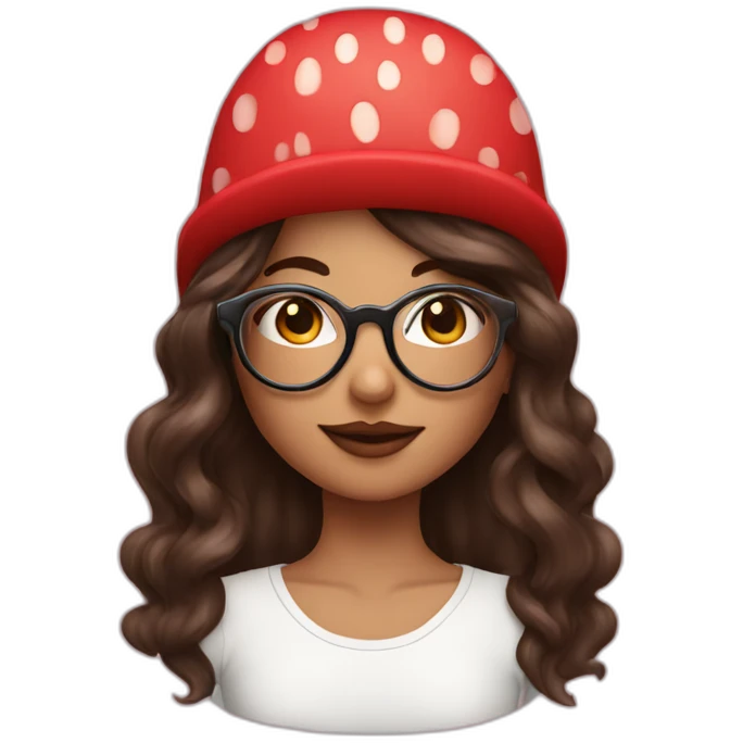 Brunette girl with circle glasses and long wolf cut hair and strawberry hat emoji