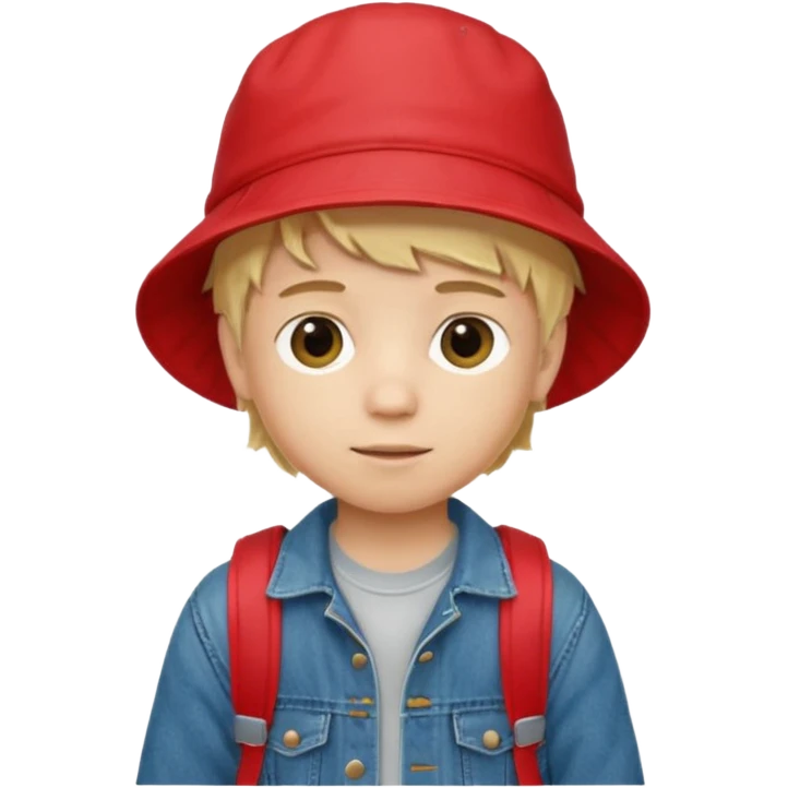 A little boy student, blonde hair, with red bucket hat, jean jacket, backpack emoji
