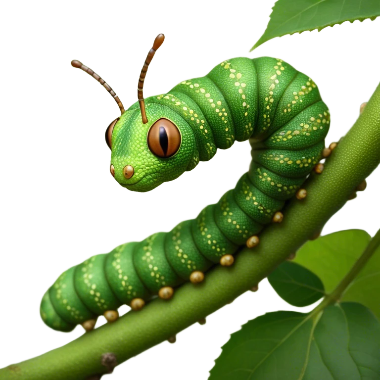 Cinematic Realistic Noble Caterpillar Portrait Emoji, Poised and serene, with a slender, segmented body covered in vivid, detailed green scales accented by subtle natural patterns, and a tiny, focused face with delicate, inquisitive eyes, rendered with lifelike texture and soft natural lighting, high shine, intelligent and delicate, styled with an air of woodland elegance, focused and attentive, soft glowing outline, capturing the essence of a watchful and confident looper caterpillar that appears ready to inch gracefully out of the screen with natural authority! emoji