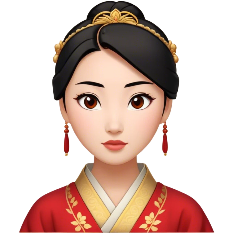 Cinematic Elegant Mulan Portrait Emoji, rendered in a realistic, vector-style with minimal shading and bold, simplified shapes. Depict Mulan (chest and above) with warm, light-toned skin, almond-shaped eyes, and sleek black hair styled in a traditional bun. She wears a modest, traditional robe with subtle red and gold accents, glowing with a soft, refined radiance and high shine, capturing timeless beauty and inner strength. emoji