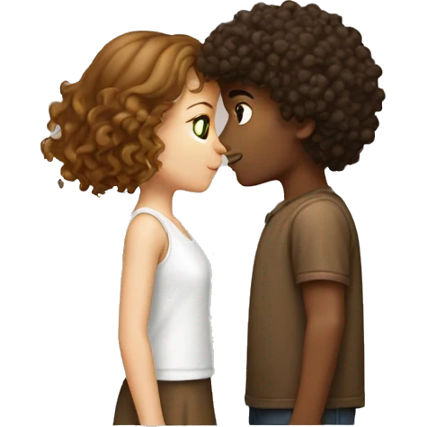 A brownish curly boy kissing a white girl with brown hair emoji