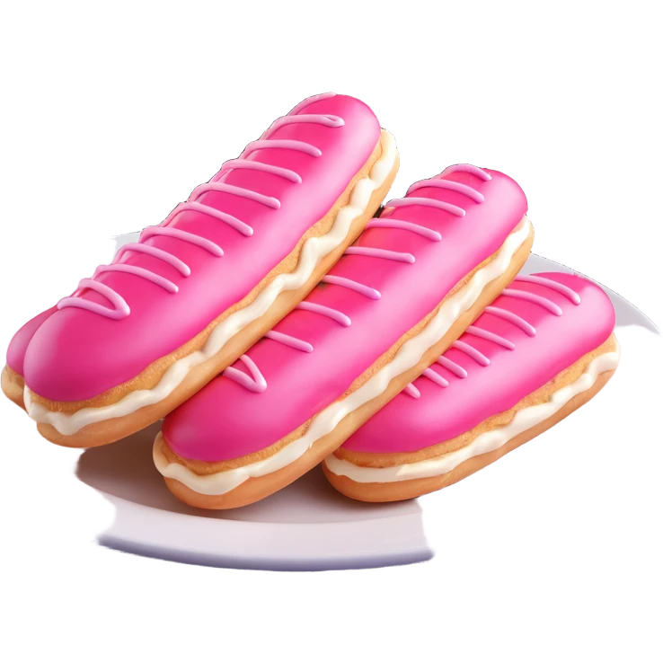 3D iOS-style illustration of three eclairs with pink glaze and cream on a plate, extra glossy and reflective, with a soft shadow, no background. emoji