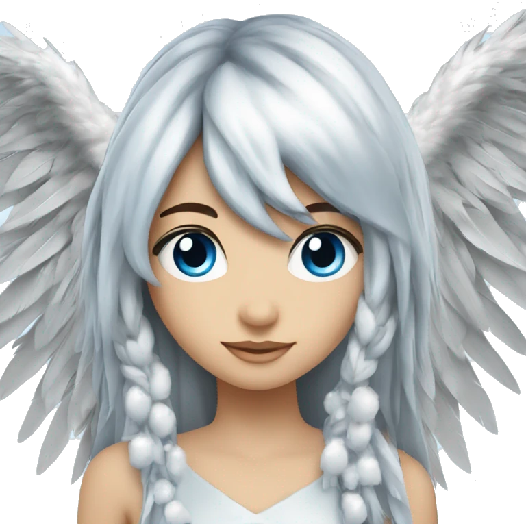 big wings, silver, feather, icy ,snowflake, Beautiful, fairy, long hair, blue eyes emoji