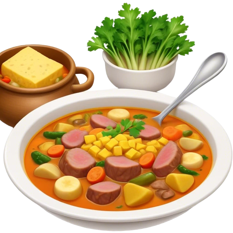 Cinematic Realistic Sancocho Soup Dish Emoji, featuring a rich, hearty stew with diverse meats and vegetables rendered with lifelike detail and warm, comforting lighting. emoji