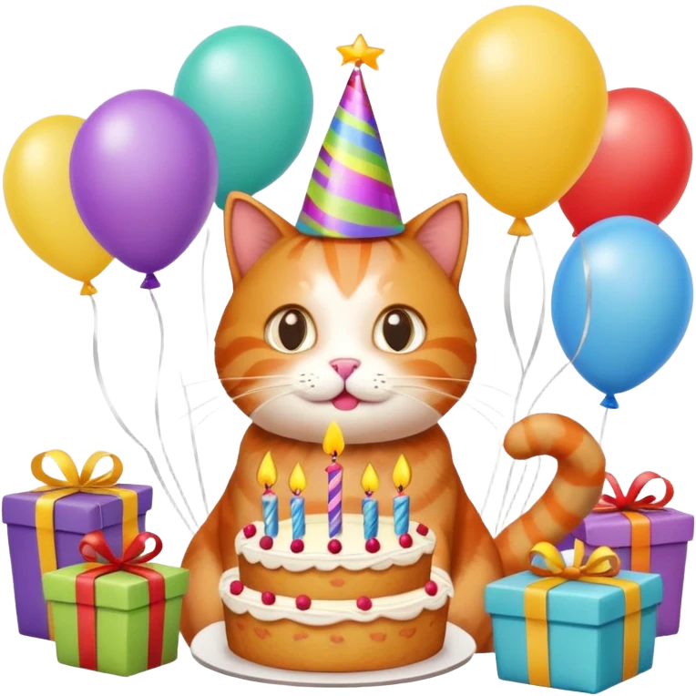 Ginger cat celebrates birthday, birthday hat, birthday cake, balloons, happy, gifts emoji