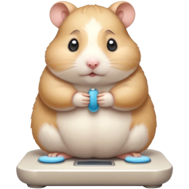 Cute chubby cartoon-style hamster standing on a bathroom scale, looking nervous with praying hands. Painterly shading, expressive eyes, white background, sticker-style illustration emoji